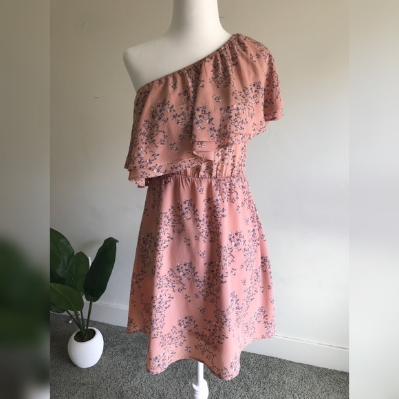 Lush Dresses & Skirts - Pink Floral One-Shoulder Ruffle Dress